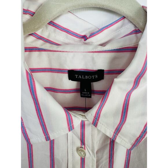 Talbots Button Down Shirt Pink Blue Stripe Large. Long Sleeve NWT Work Casual - Picture 2 of 7